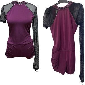Custom Solo rhinestoned Dance Costume purple fishnet leotard illusion SA/MA adul